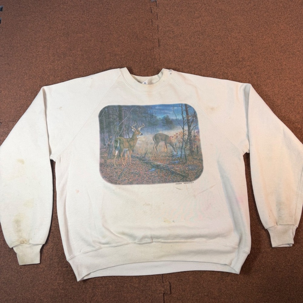 Vintage Randy McGovern Deer Wildlife Sweatshirt Mens XL Cream Raglan USA Made